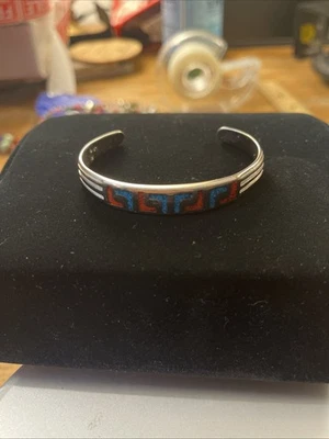 Vintage Sterling 6.25" Cuff Bracelet Turquoise Coral Inlay Navajo Native 15 G - Image 1 of 4