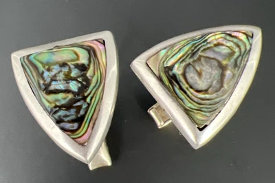 Taxco Sterling Silver Abalone Cuff Links Mexico Eagle "3" Mark Hand Made Vintage - Image 1 of 4
