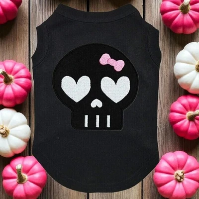 Heart Eyes Skull Face Pink Bow Dog Shirt Black 3XL Halloween Costume XXX-L - Image 1 of 3