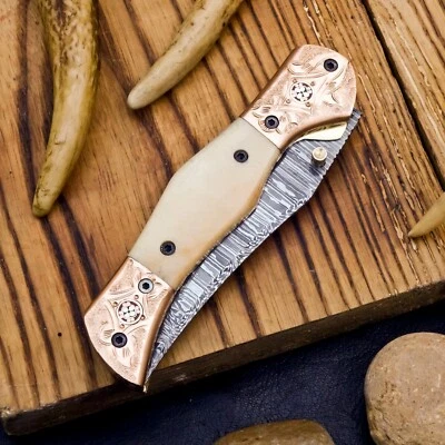 SHARD™Unique Fancy Folder Handmade Damascus Liner Lock Pocket Knife  W/Leather - Image 1 of 4