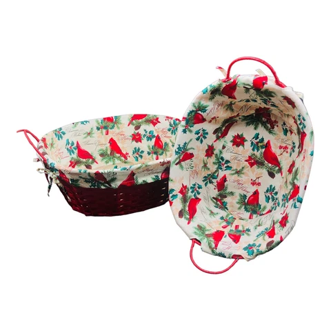 Two Large Nesting Baskets Christmas Red Fabric Lined Cardinals Handles Oval Gift Cover