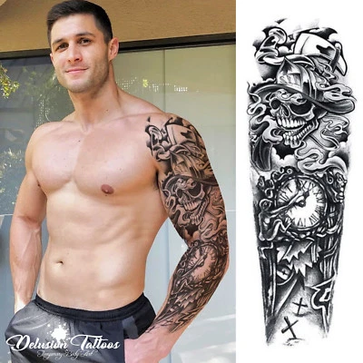 DELUSION TATTOOS Temporäres Tattoo Ärmel Arm Tod Totenkopf Uhr Kreuz Schwarz Wasserdicht Herren Damen