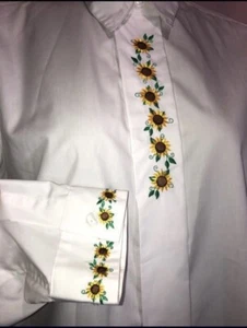Impressions Gr. 14 Sonnenblumen Bluse Top Shirt versteckte Knöpfe Stickerei L A6 - Bild 1 von 5