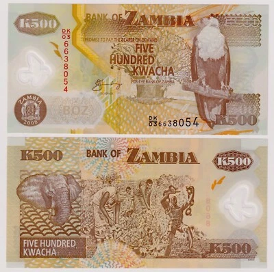 Zambia 500 Kwacha 2008 P -43f  UNC Polymer Note - Eagle / Elelphant - Image 1 of 3