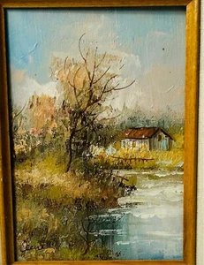 Original Óleo sobre Lienzo Casa Árbol Paisaje Pintura Artista Firmado GENE NICE - Imagen 1 de 7
