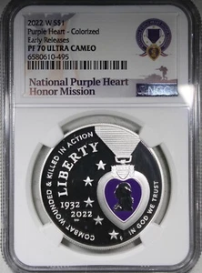 2022-W Purple Heart Colorized Silver Dollar NGC PR70 ULTRA CAMEO Early Releases - Picture 1 of 2