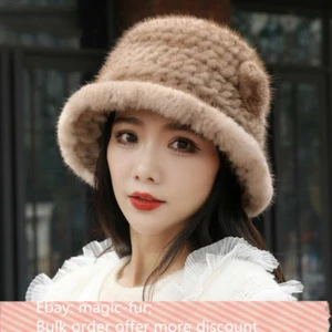 hochwertige Damen Strick Echt Nerz Pelzmütze Bucket Cap Mützen Bowler Mütze mit Blume - Bild 1 von 20