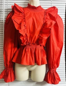 SEA New York Women Cotton Red Shuffle Blouse Puff Long Sleeves, Semi Backless M - Picture 1 of 10
