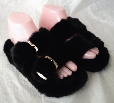 ОЧЕНЬ МИЛО! ЧЕРНЫЙ ПОДЛИННЫЙ НОРКА СЕРЕБРЯНЫЕ ПРЯЖКИ ТАПОЧКИ РАЗМЕР 4 - Изображение 1 из 4