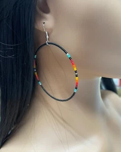 1 Pair 2.5” Native American Style Black Beaded Hoop Earrings - Picture 1 of 1