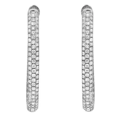Pave Set Round Cut Diamond Oval Hoop Earrings 14K White Gold 1.91Cttw 1.5 Inches - Image 1 of 4