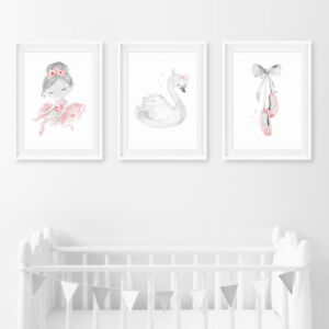 Pink & Grey Ballerina Girls Nursery Prints Set Childrens Bedroom Pictures Decor