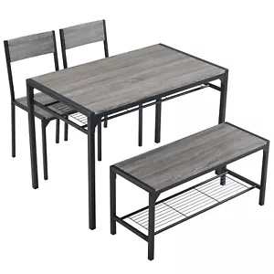 4 Piece Kitchen Dining Table Set for 4, Bench and 2 Chairs Industrial Gathering - Picture 1 of 34