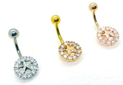 Round Star Shamballa Belly Bar Clear CZ Crystal Daisy Navel Bar Belly Ring - Image 1 of 4