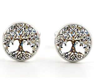 Men's Shirt Glass Colorful Life Tree Silver Brass Copper Cufflinks Cuff Links - Picture 1 of 2