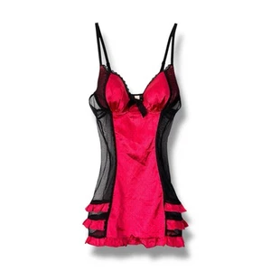 Coquette Satin Damen S Rüschen Schlupf Kleid rot gepunktet schwarz Netz Spitze - Bild 1 von 8