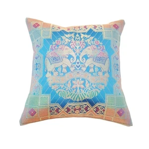 12x12 Inch Cushion Cover Banarasi Turquoise Blue Elephant Woven Brocade Silk - Picture 1 of 10