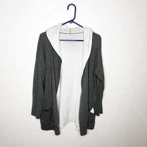 Eileen Fisher gray white open front hooded sweatshirt top - Picture 1 of 11