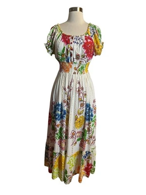 Me 2 Magic Anthropologie Dress M White Floral Smocked Tiered Maxi Boho Peasant - Image 1 of 4