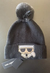 KARL LAGERFELD PARIS Knit Beanie Hat with Cuff Faux Fur Pom Black OSFM - Picture 1 of 6