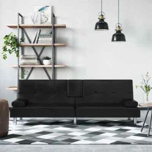NNEVL Sofa Bed with Cup Holders Black Faux Leather - Picture 1 of 10