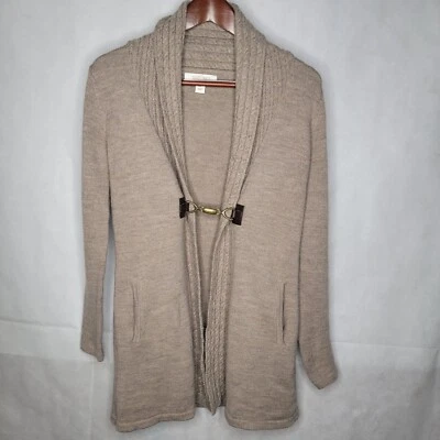 Cárdigan Suéter Ellen Tracy Marrón Mezcla Lana Línea Larga Metal Hebilla Bolsillos M Foto 1 de 4