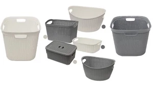 JVL Storage Baskets Modern Knit Design Loop Plastic Linen Grey White Easy Clean - Picture 1 of 11