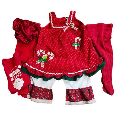 Girls Christmas Dress Set 3T 4T Tights Flare Pants Shirt Bloomer Holiday 6 PC - Image 1 of 3