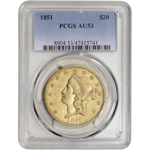 1851 US Gold $20 Liberty Head Double Eagle - PCGS AU53 Cover