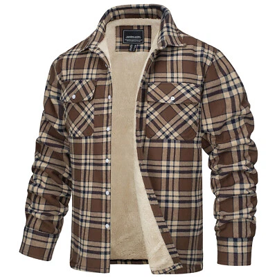 Men's Flannel Shirt Jacket Soft Sherpa Fleece Lined Winter Casual Cotton Coat US - Image 1 of 4