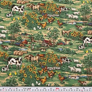 Vintage Joan Messmore Cranston Farm Horses Sunflowers Cotton by the HALF YARD - Picture 1 of 2