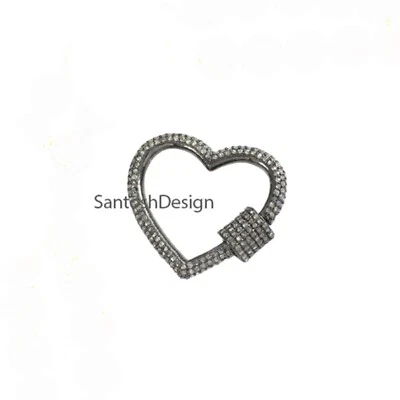 Both Side pave Diamond Heart Sterling Silver Carabiner Screw Lock Clasp Jewelry - Image 1 of 2