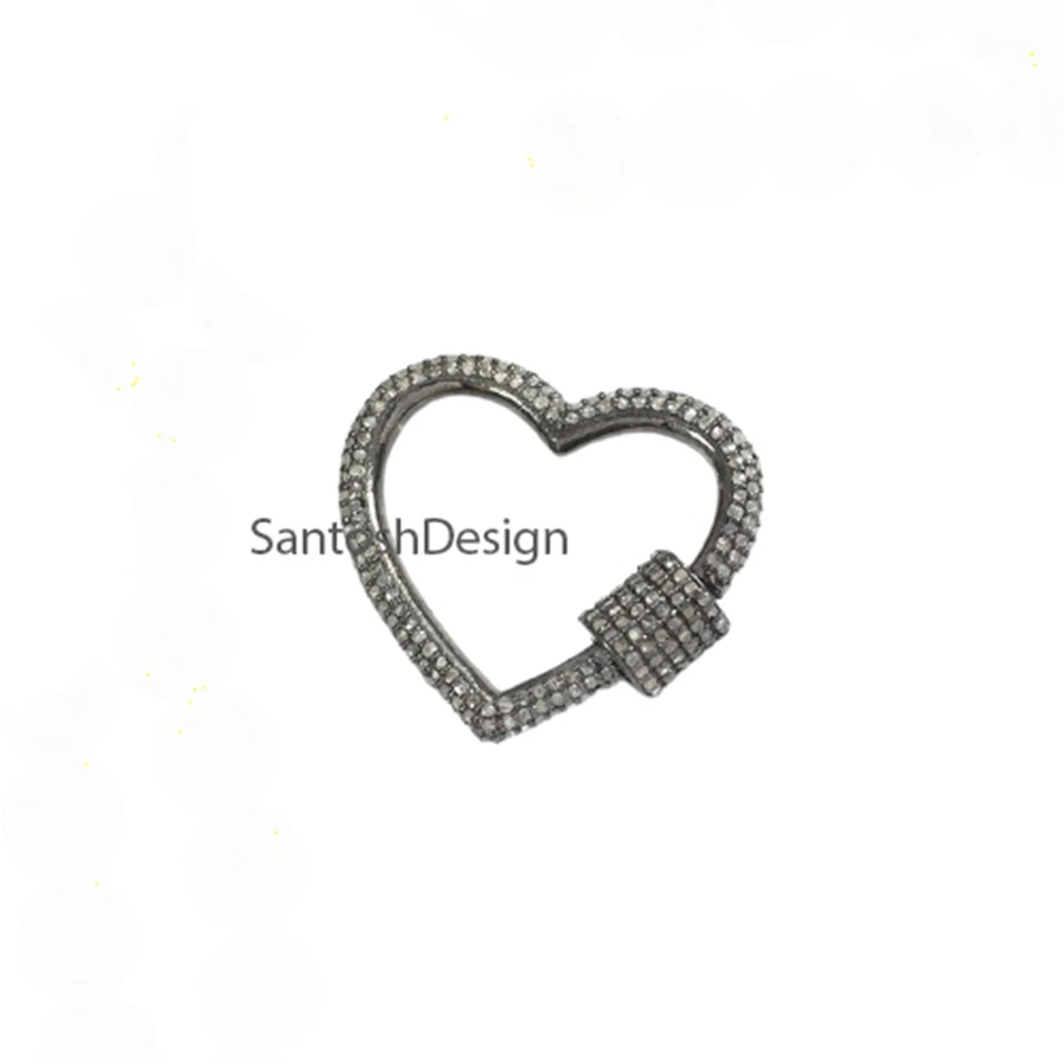 Both Side pave Diamond Heart Sterling Silver Carabiner Screw Lock Clasp Jewelry - Image 1 of 2
