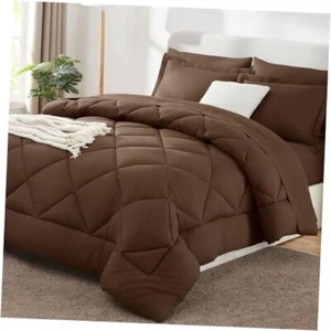 Comforter Set with Sheets 7 Pieces Bed in a Bag All Season Bedding Full Brown - Picture 1 of 7