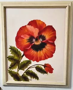 Arte de pared de amapola único en su clase 23x2x19" enmarcado en madera blanca, pintado a mano al óleo - Imagen 1 de 7