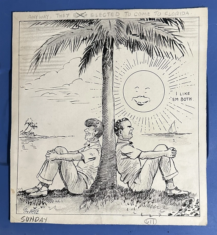 OBRA DE ARTE ORIGINAL EDITORIAL DIBUJOS ANIMADOS GEORGE WHITE 1960 ELECCIÓN JFK NIXON  Foto 1 de 1