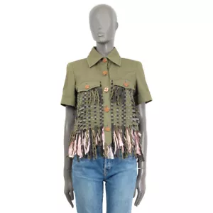 65409 auth CHANEL olive green cotton 2017 CUBA FRINGED Short Sleeve Jacket 36 XS - Picture 1 of 7