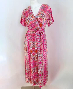 SHEIN Dress Womens Large Pink Blue Floral Maxi Long Short Sleeve Belt Boho Beach - Picture 1 of 24