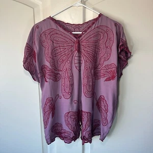 Bohemian Butterfly Embroidered Top Purple Lagenlook Kaftan Festival Large - Picture 1 of 3
