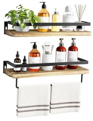  Estantes de baño con toallero, estantes flotantes, estantes de pared marrón claro Foto 1 de 4