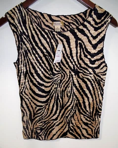L Neu mit Etikett Vintage Plisse Tanktop Damen S schwarz & gold Leopard ärmellos Plissee - Bild 1 von 4