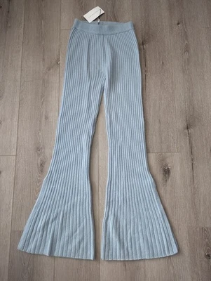 Nuevo con etiquetas Pantalones Something Azul Marino Lana Cachemira Tejido Acanalado Pierna Acampanada Dividida en Azul XS Foto 1 de 4