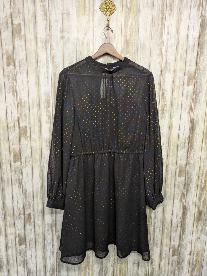 Vestido MODCLOTH Negro Chifón Arco Iris Clip Punto Lunares Manga Abullonada XL  Foto 1 de 4