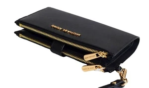 MICHAEL KORS Geldbörse Wallet JET SET TRAVEL LG DOUBLE ZIP WRISTLET schwarz-gold - Picture 1 of 12