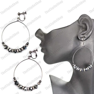 CLIP ON faceted GLASS BEAD HOOP EARRINGS gunmetal black SPARKLY HOOPS crystal - Picture 1 of 13