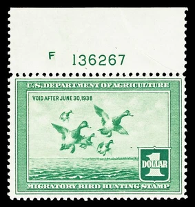 Scott RW4 1937 $1.00 Duck Stamp Mint Plate # Single F-VF OG NH Cat $300 - Picture 1 of 2