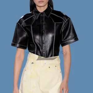Women's Black Causal Dress Shirt Leather Shirt Genuine Lambskin Leather Shirt - Picture 1 of 4