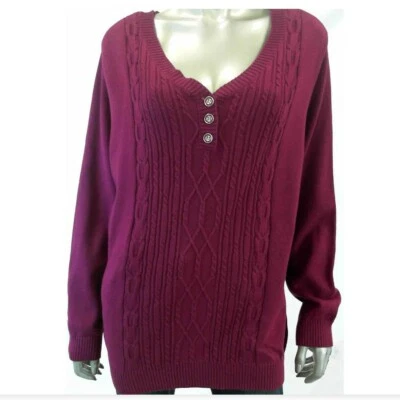 Suéter feminino Karen Scott 0X malha roxa Henley sólido gola V cabo de algodão - Imagem 1 de 2