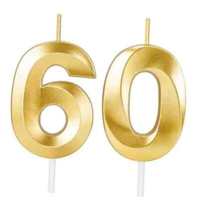 Velas de cumpleaños 60 para pastel, velas con número dorado para pastel de feliz cumpleaños  Foto 1 de 4
