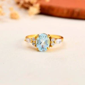14k Yellow Gold Natural Aquamarine Cluster Bridal Wedding Ring For Halloween Day - Picture 1 of 7